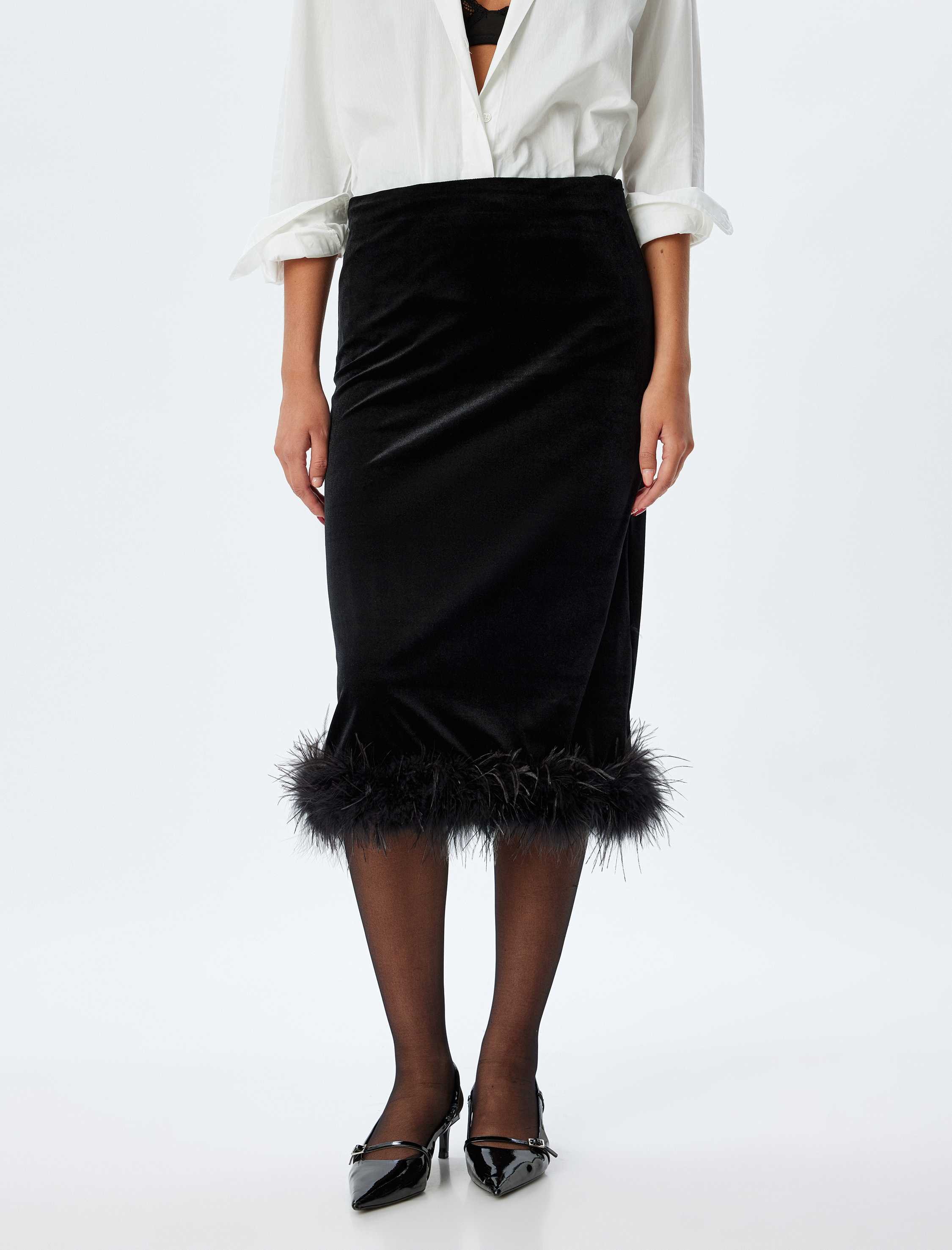   Abiye Etek Midi Kadife Tüy Detaylı Slim Fit