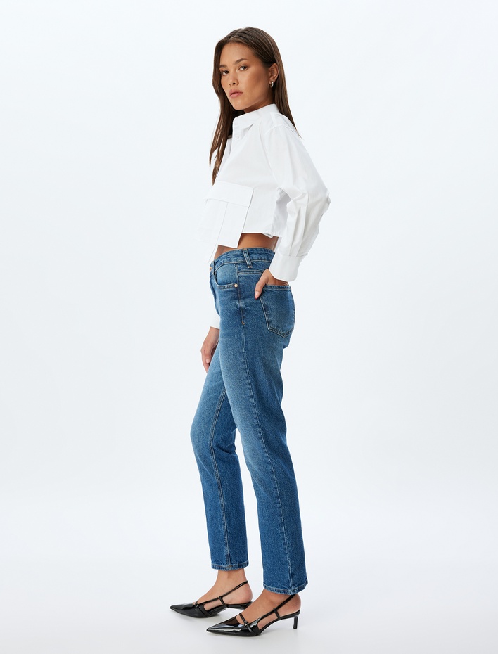  Düz Kısa Paça Kot Pantolon Standart Bel Düğmeli Cepli Pamuklu - Slim Straight Fit Jean