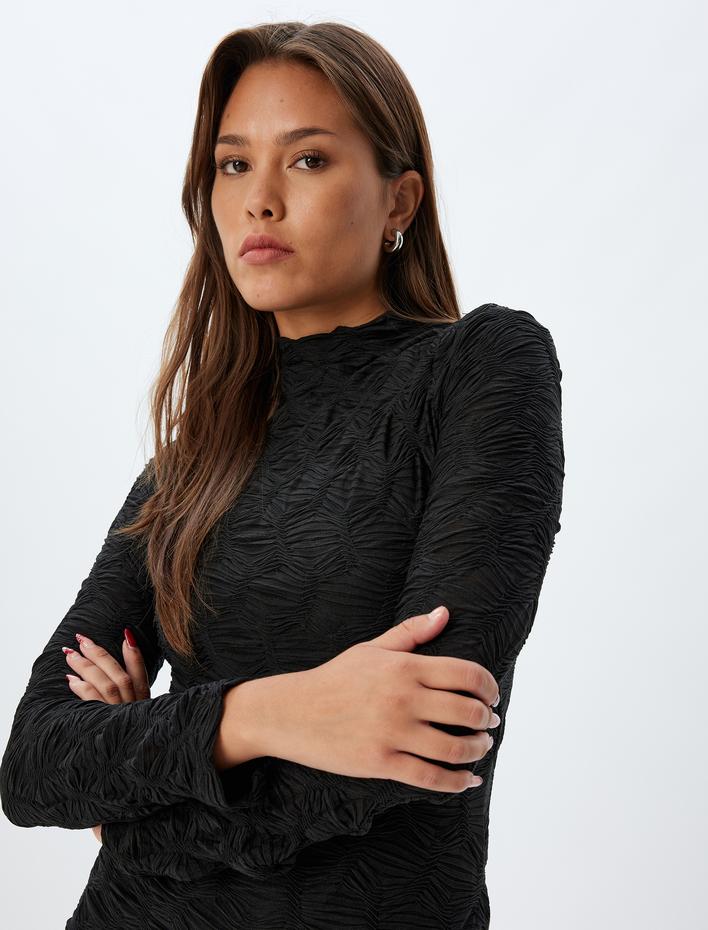  Dokulu Uzun Kalem Elbise Uzun Kollu Dik Yaka Slim Fit