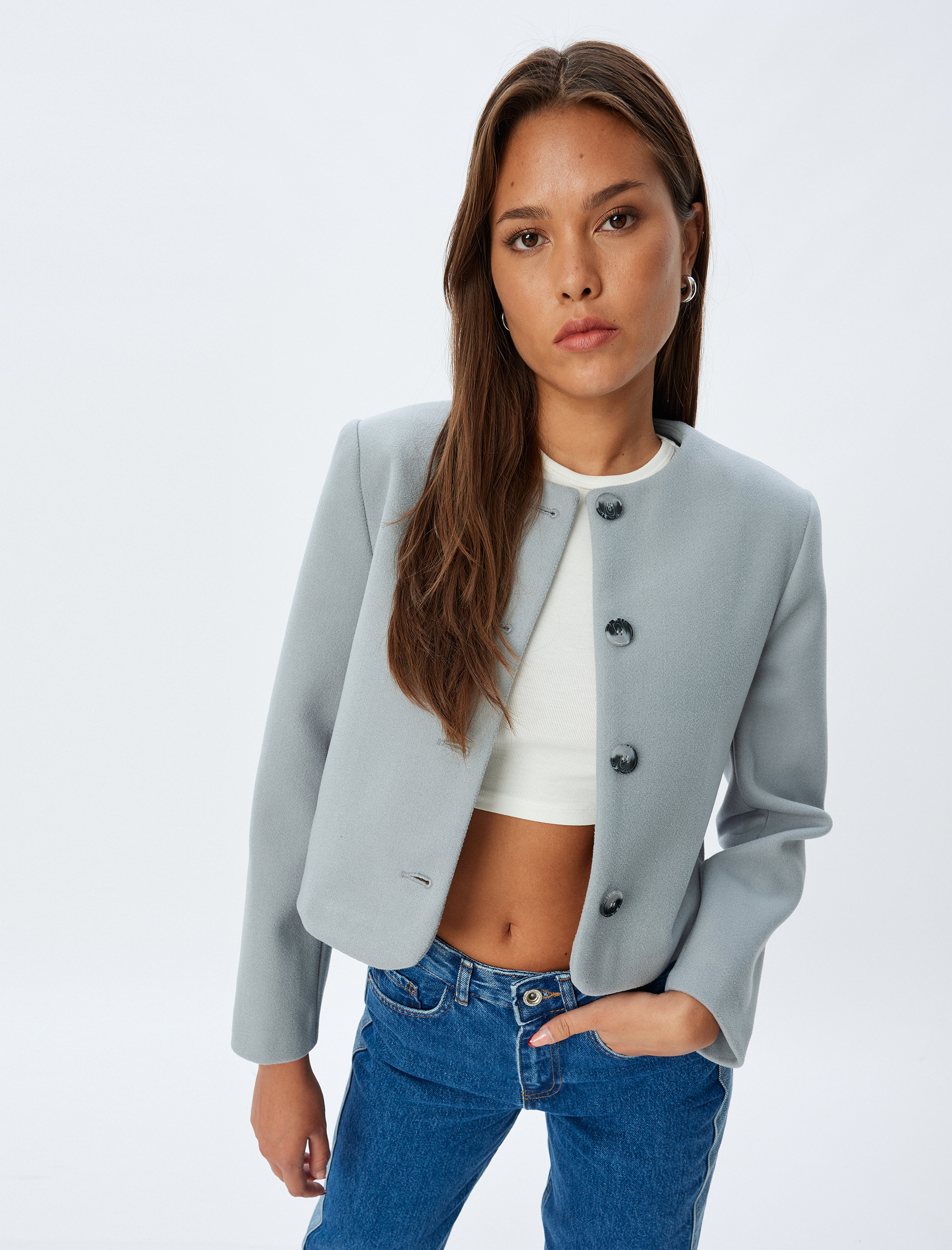 Koton Kadın Düğmeli Slim Fit Uzun Kollu Yakasız Crop Ceket -1