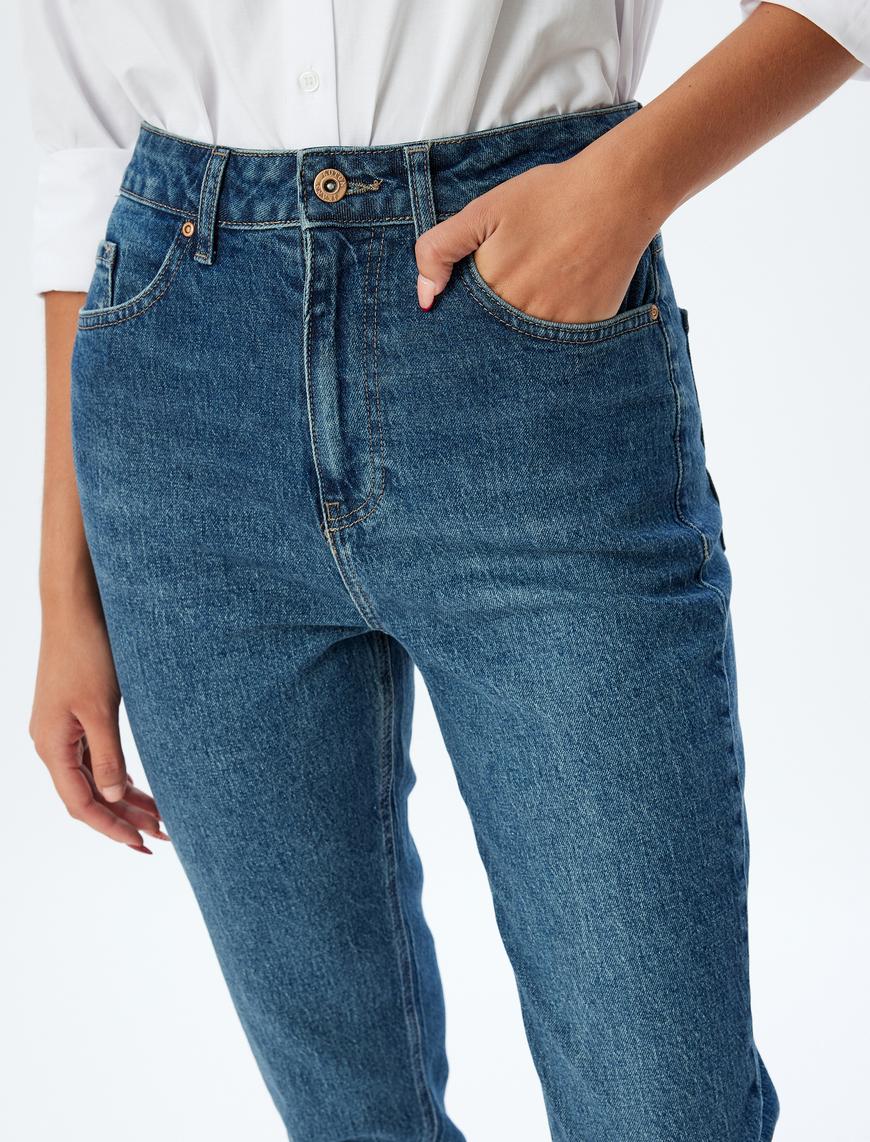   Mom Fit Kot Pantolon Yüksek Bel Dar Kalıp Düğmeli Cepli Pamuklu - Mom Fit Jeans