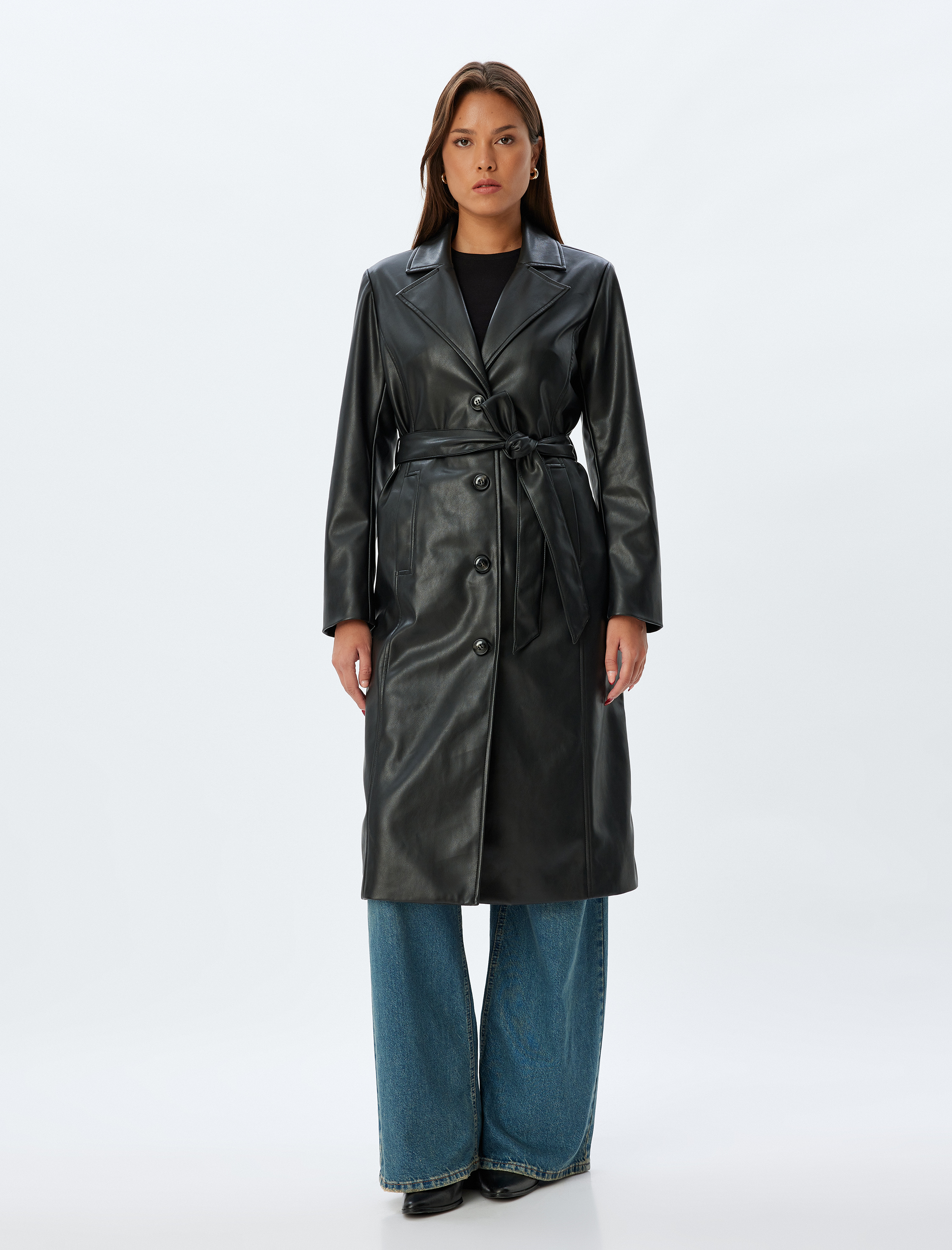   Uzun Suni Deri Trençkot Düğmeli Cepli Kuşak Detaylı