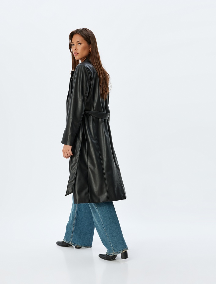  Uzun Suni Deri Trençkot Düğmeli Cepli Kuşak Detaylı