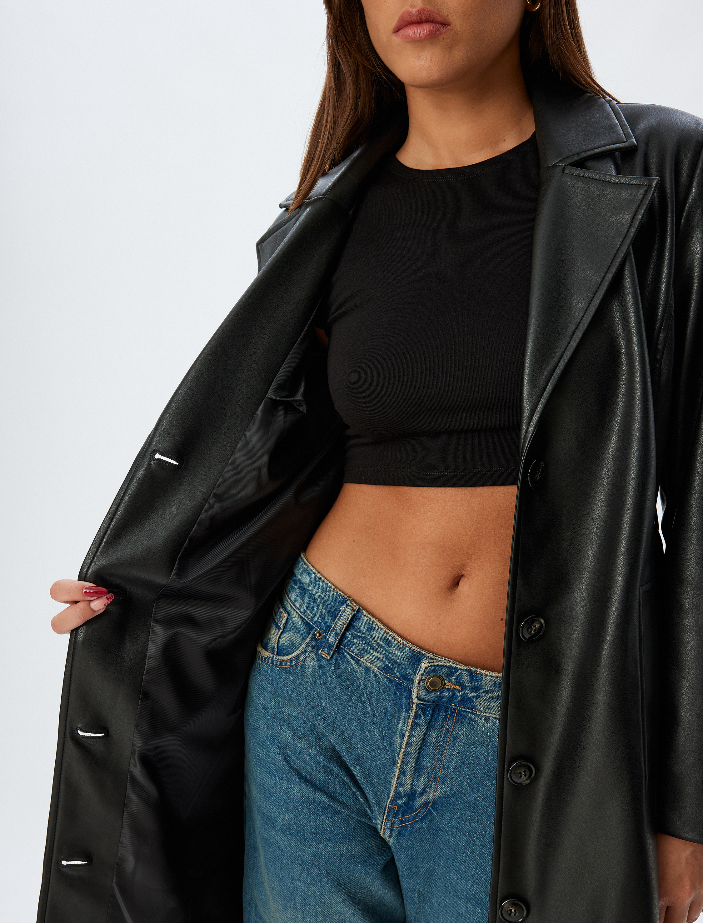   Uzun Suni Deri Trençkot Düğmeli Cepli Kuşak Detaylı