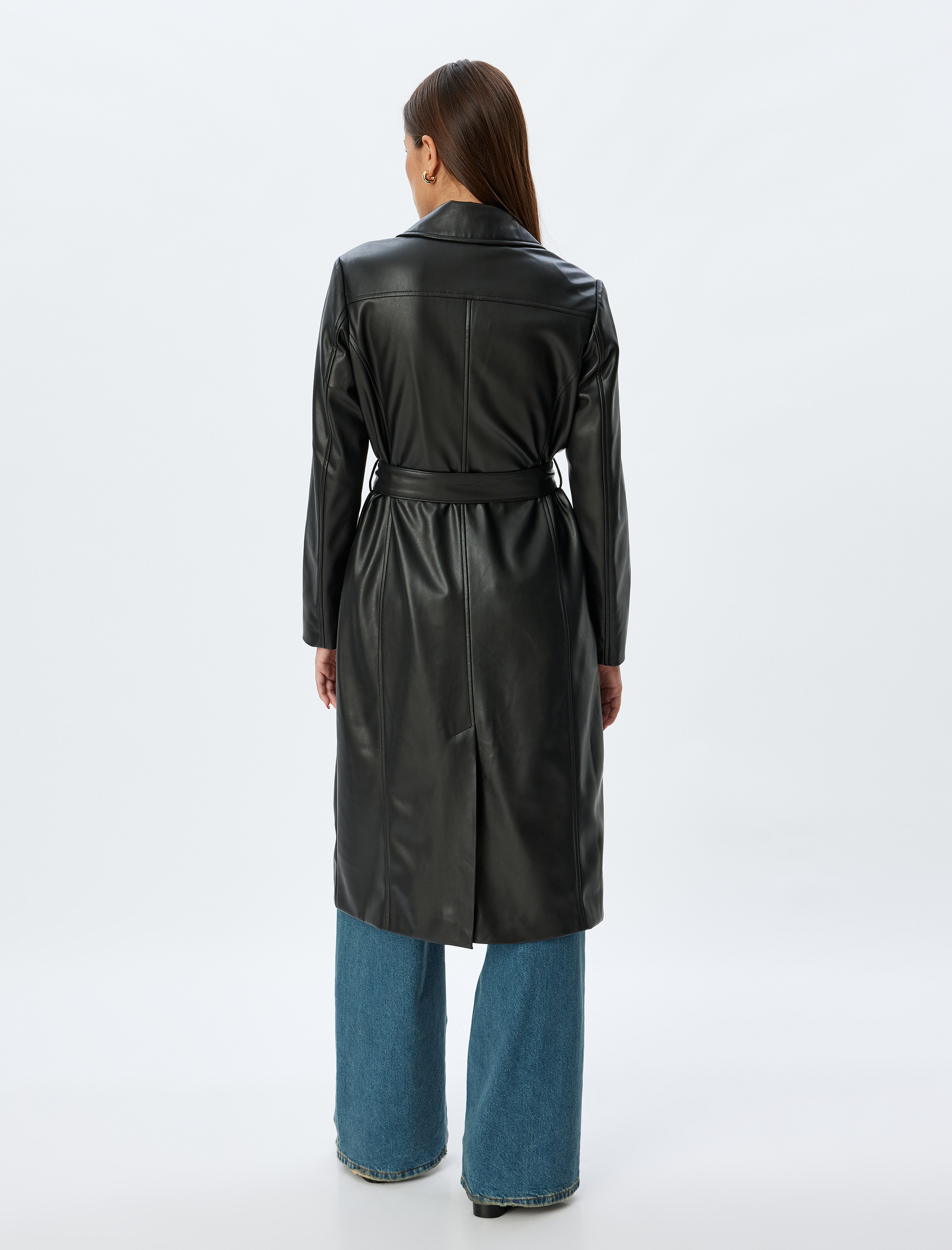   Uzun Suni Deri Trençkot Düğmeli Cepli Kuşak Detaylı