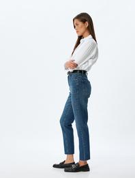 Mom Fit Kot Pantolon Yüksek Bel Dar Kalıp Düğmeli Cepli Pamuklu - Mom Fit Jeans