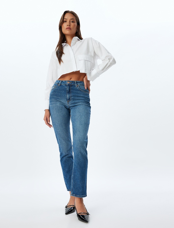  Düz Kısa Paça Kot Pantolon Standart Bel Düğmeli Cepli Pamuklu - Slim Straight Fit Jean