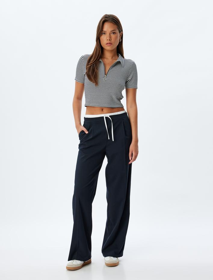  Yarım Fermuarlı Çizgili Crop Polo Yaka Tişört