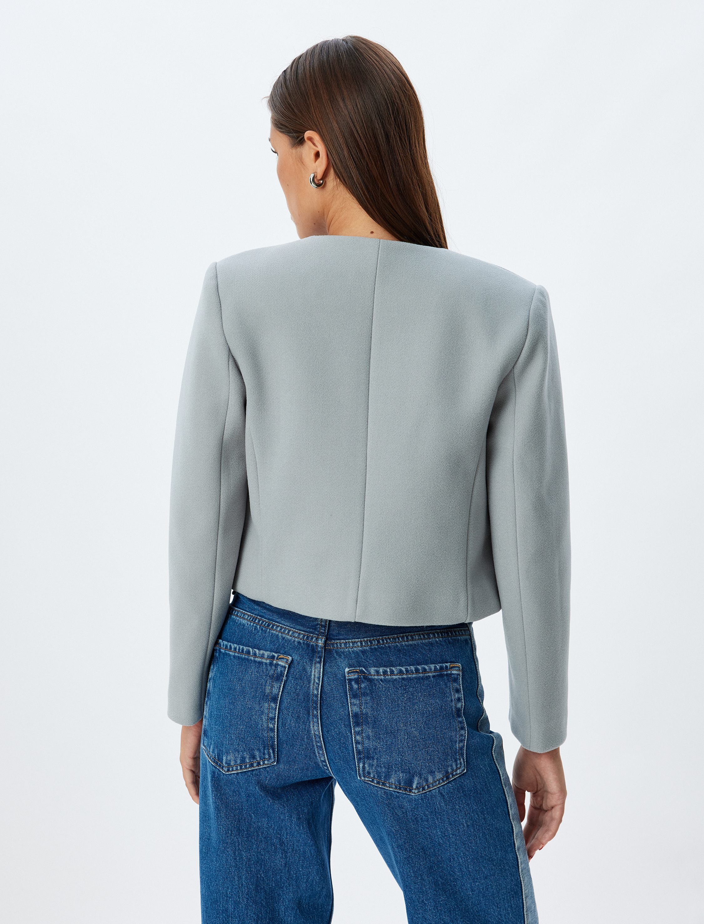 Düğmeli Slim Fit Uzun Kollu Yakasız Crop Ceket