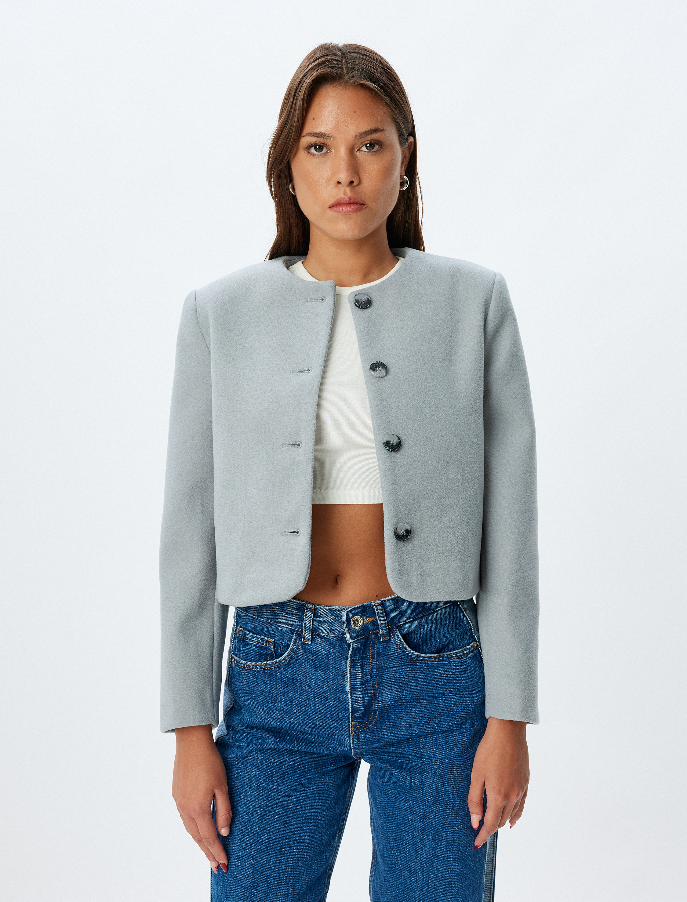 Düğmeli Slim Fit Uzun Kollu Yakasız Crop Ceket