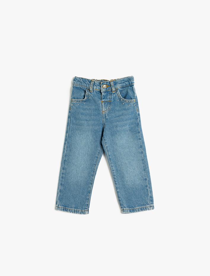 Kız Bebek Kot Pantolon Düz Paça Cepli Pamuklu- Straight Jean