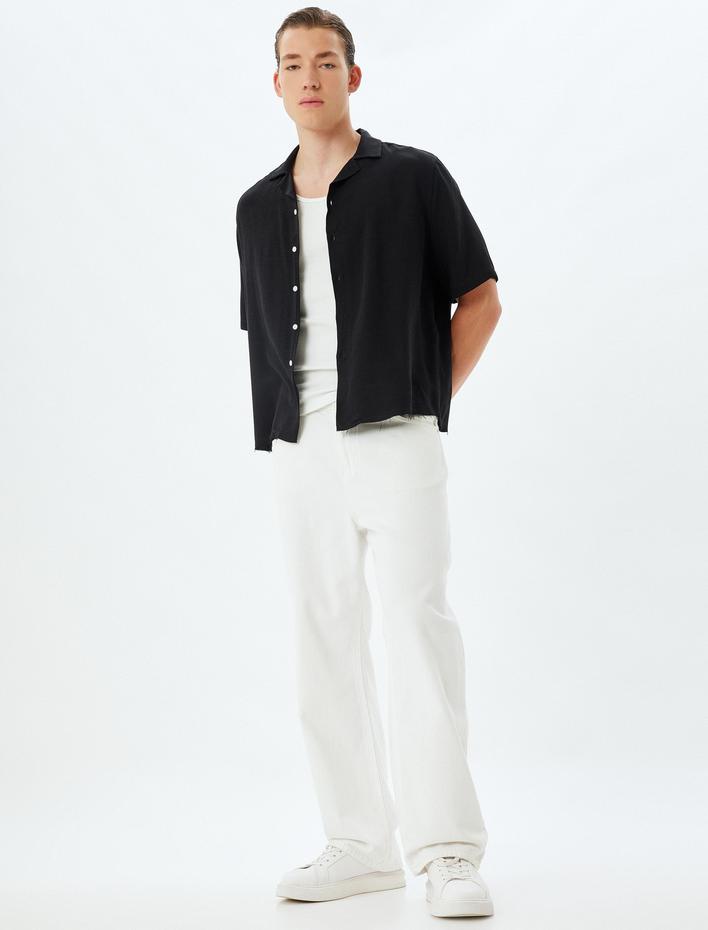  Basic Gömlek Boxy Kısa Kollu  Düğmeli Viskon Keten Karışımlı Regular Fit