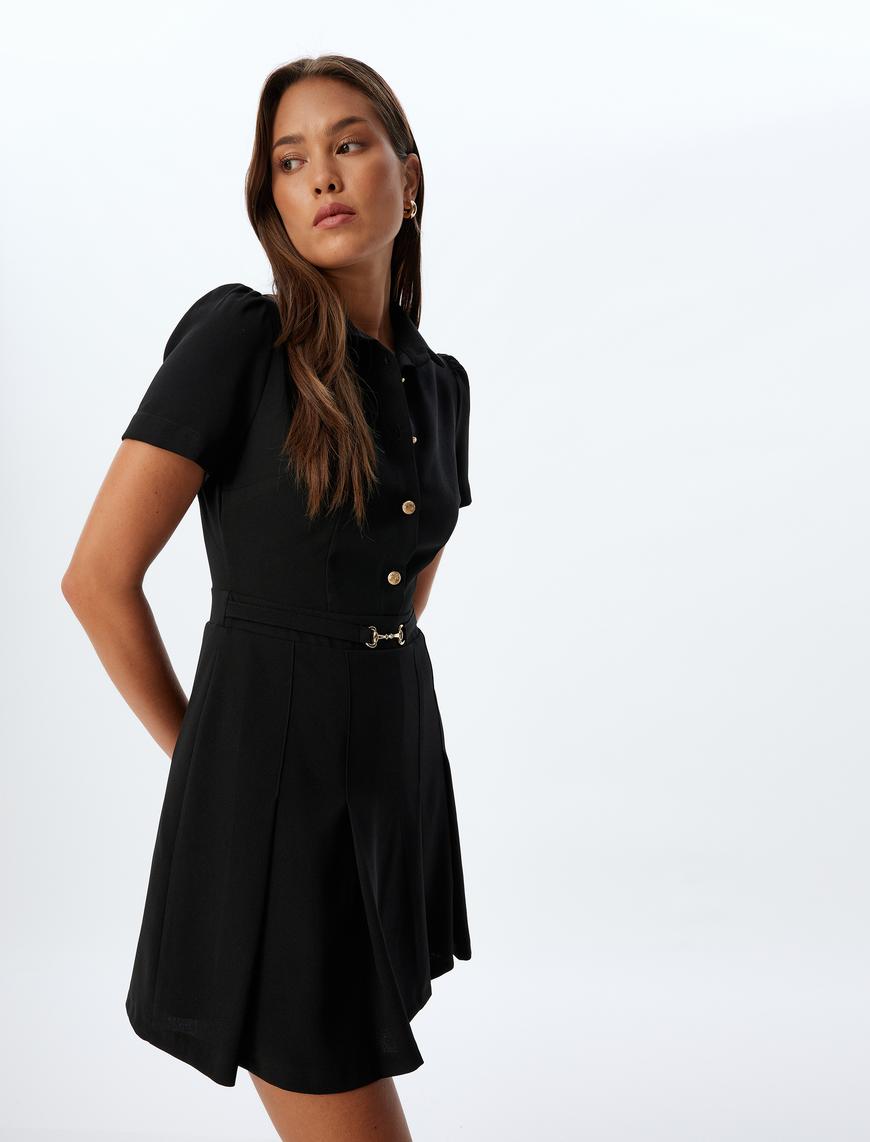   Pileli Mini Elbise Kısa Kollu Gömlek Yaka Düğmeli Kemerli Slim Fit
