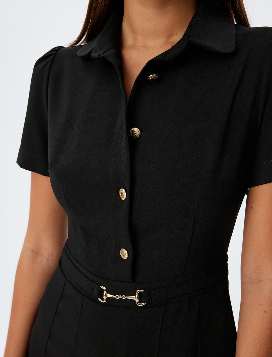   Pileli Mini Elbise Kısa Kollu Gömlek Yaka Düğmeli Kemerli Slim Fit