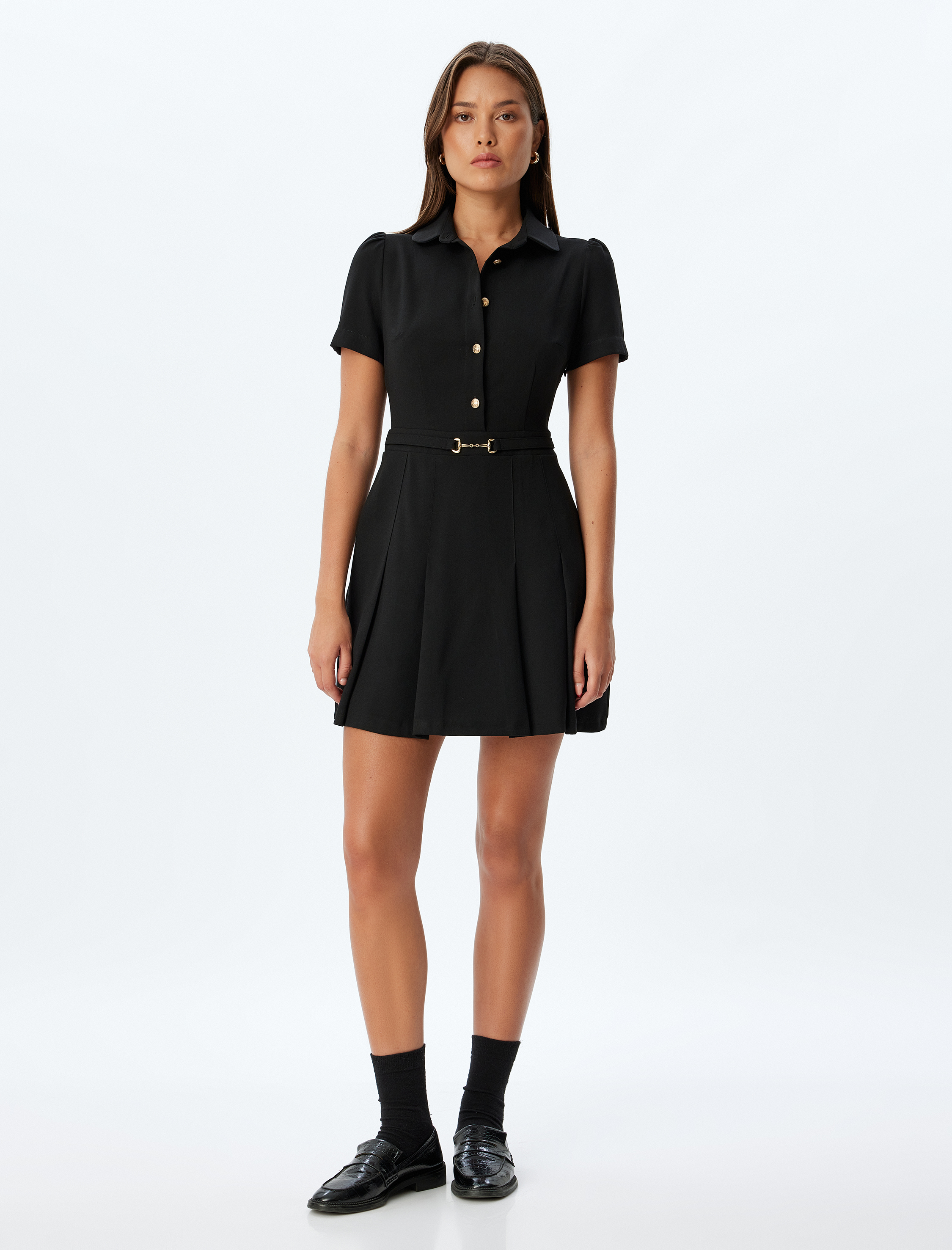   Pileli Mini Elbise Kısa Kollu Gömlek Yaka Düğmeli Kemerli Slim Fit