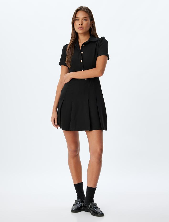  Pileli Mini Elbise Kısa Kollu Gömlek Yaka Düğmeli Kemerli Slim Fit