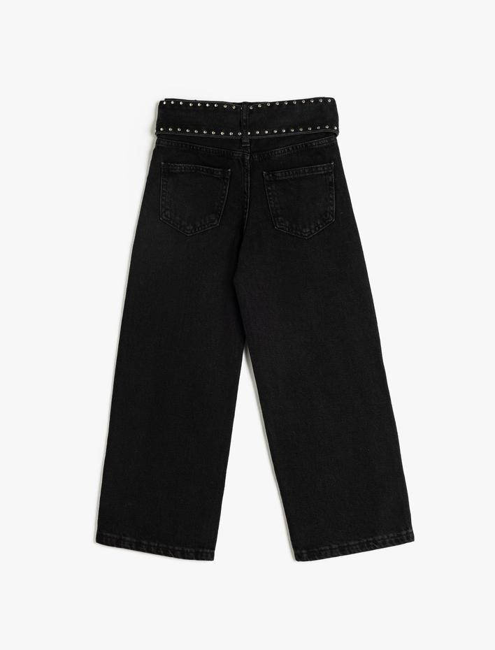 Kız Çocuk Geniş Paça Kot Pantolon Kemerli Cep Detaylı Pamuklu