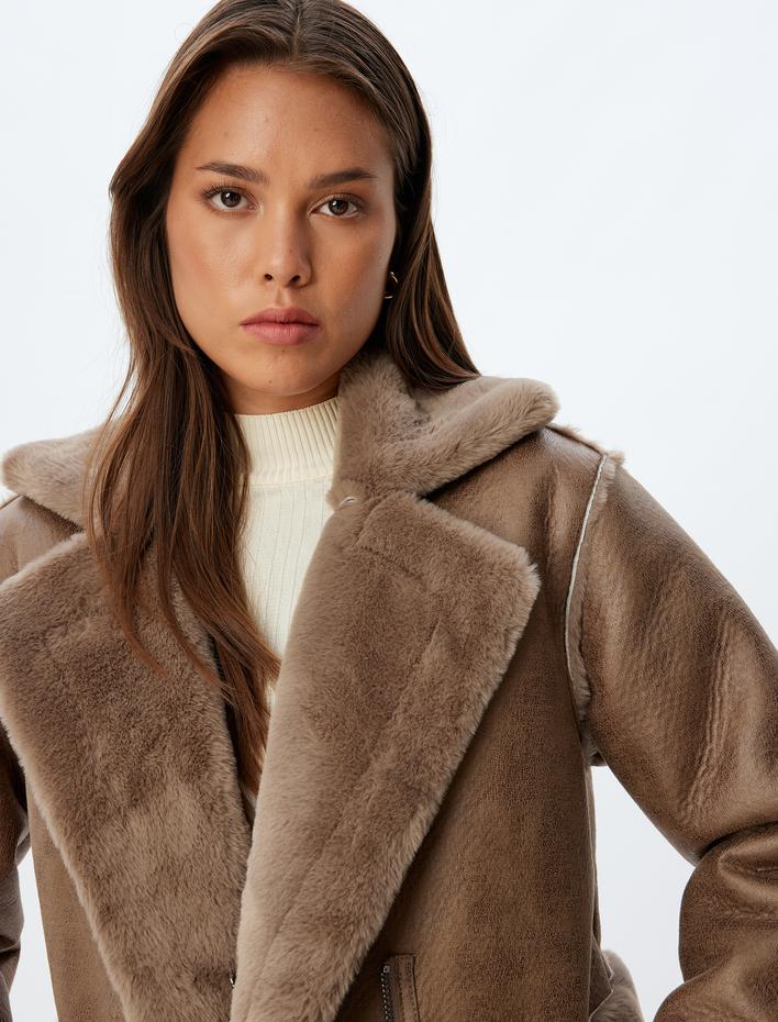  Uzun Suni Deri Peluş Kaban Fermuarlı Cepli Ceket Yaka
