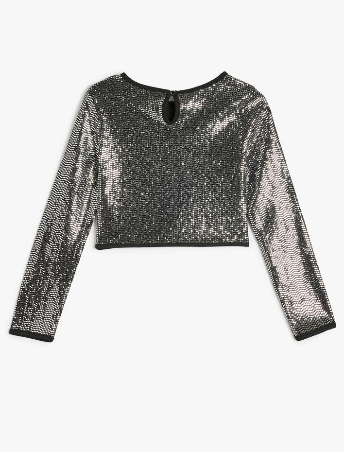 Kız Çocuk Pullu Payetli Bluz Uzun Kollu Bisiklet Yaka