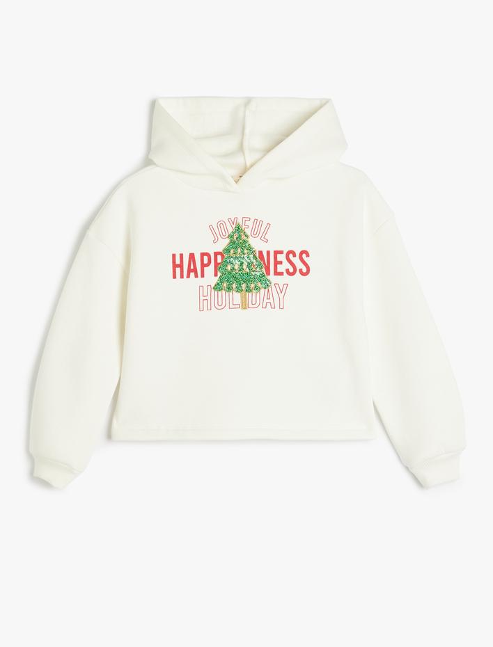 Kız Çocuk Kapşonlu Sweatshirt Yılbaşı Baskılı Sim Detaylı Şardonlu