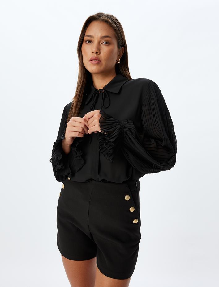  Piliseli Balon Kol Gömlek Manşetleri Lastikli Bağlama Detaylı Krep Kumaş