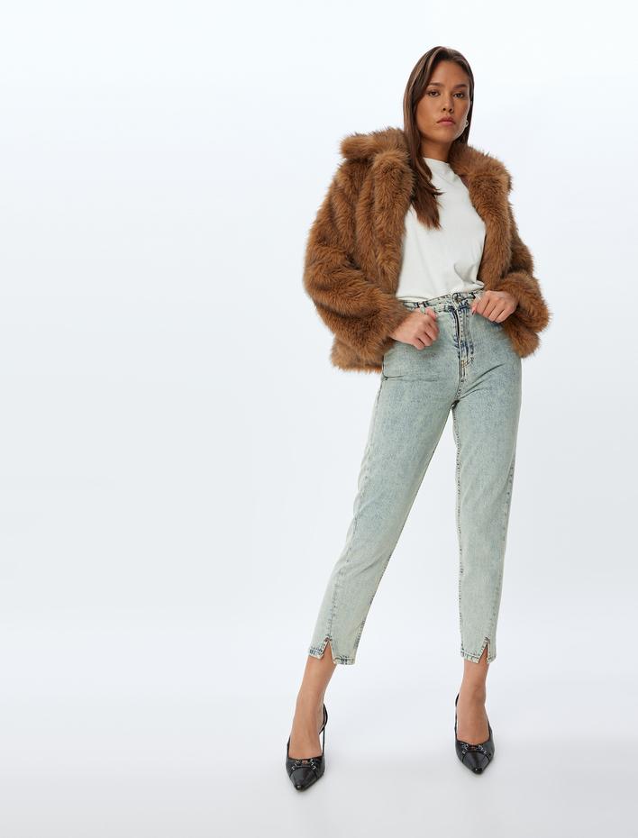  Mom Fit Kot Pantolon Standart Bel Yırtmaç Detaylı Düğmeli Cepli Pamuklu - Mom Fit Jeans