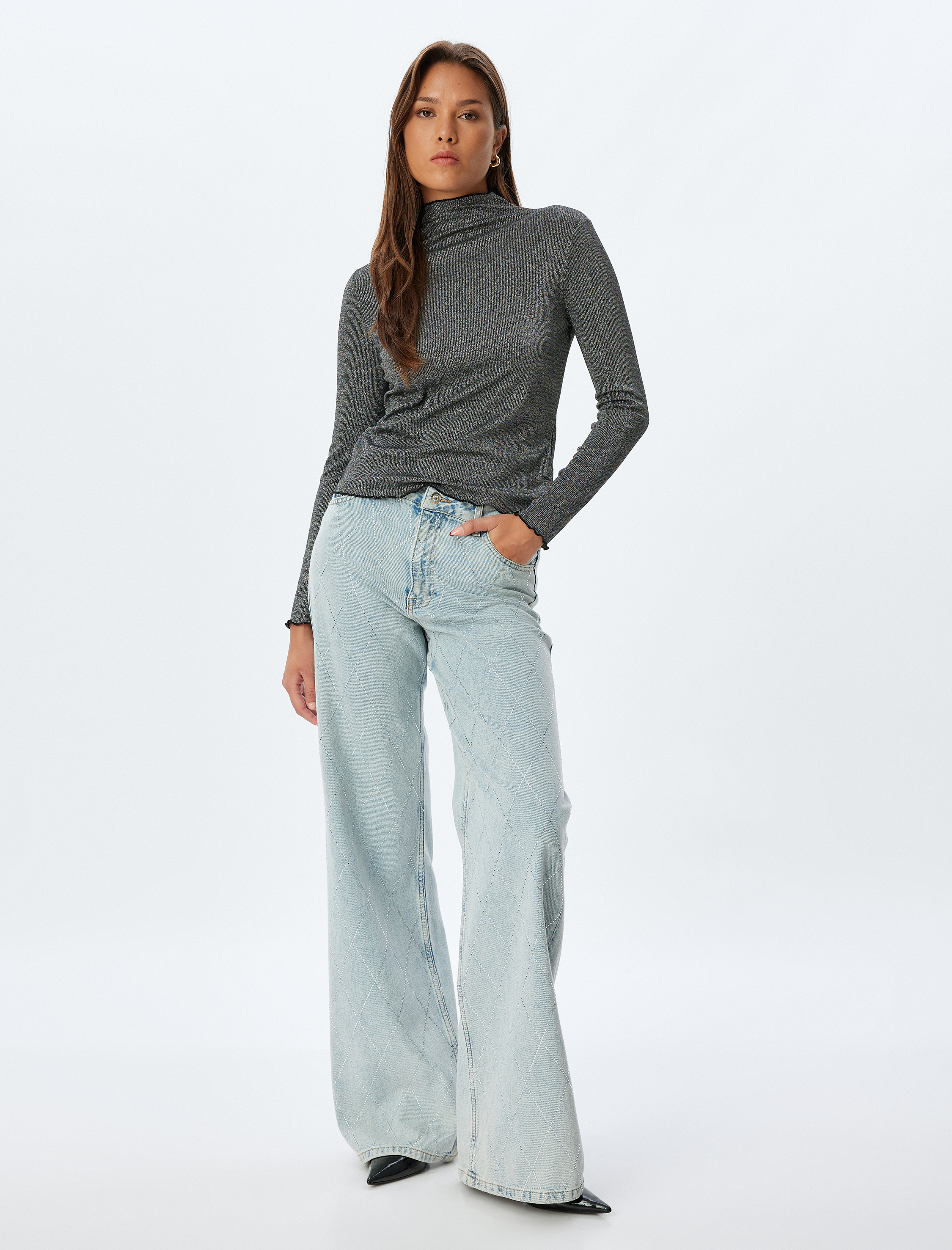   Metalik Tişört Dik Yaka Uzun Kollu Slim Fit