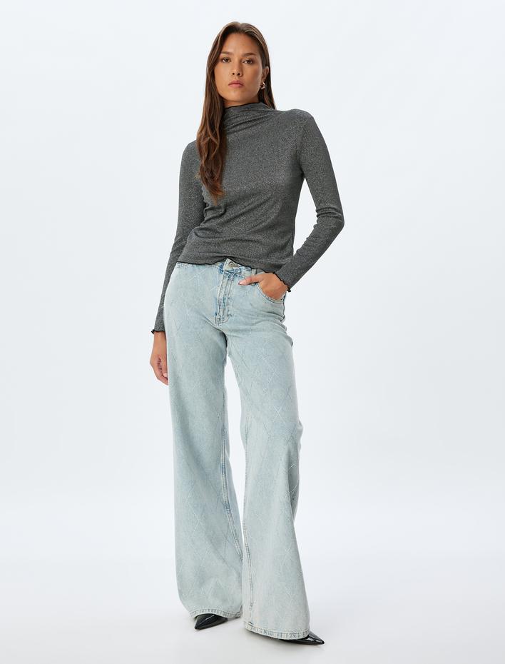  Metalik Tişört Dik Yaka Uzun Kollu Slim Fit