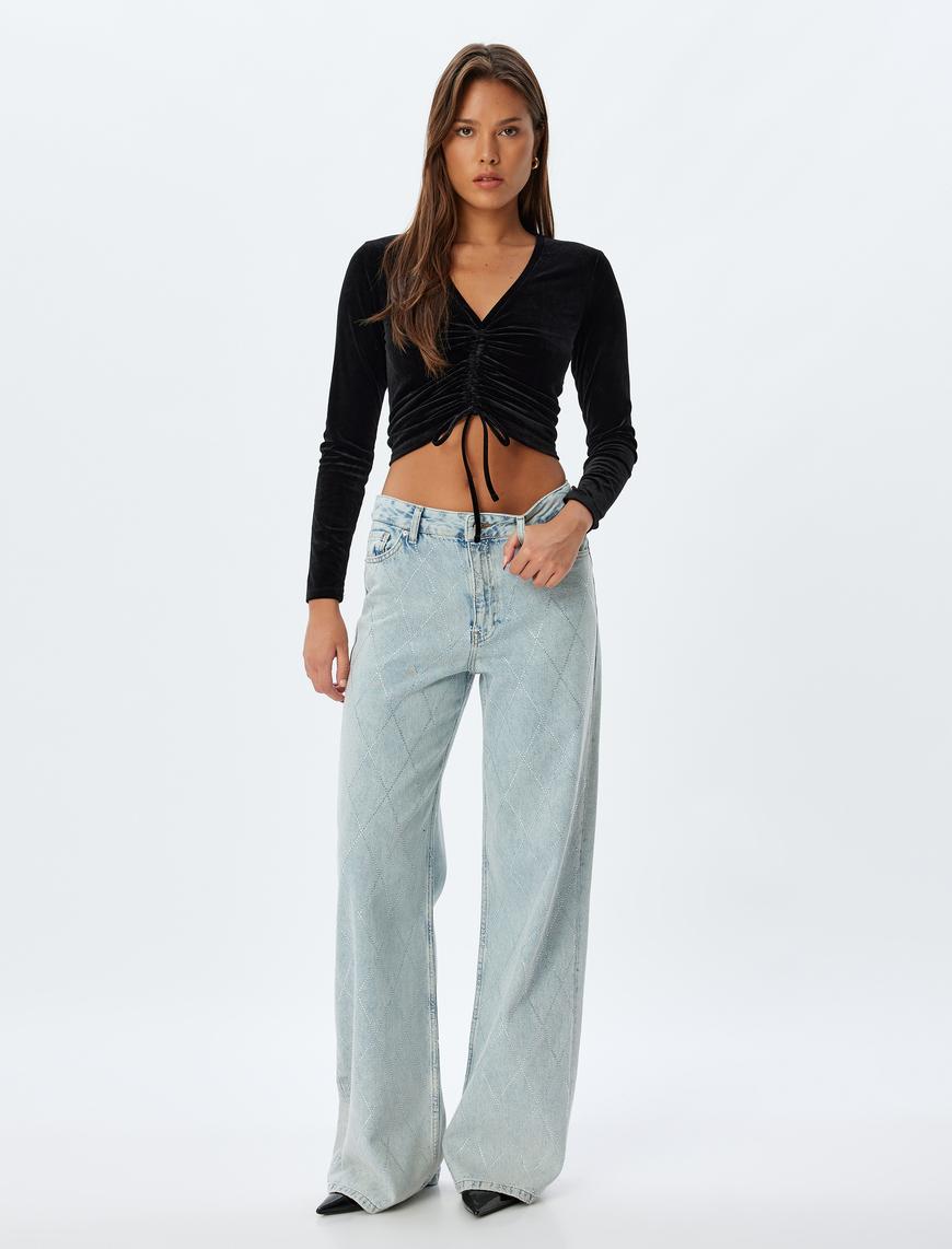   Kadife Crop Tişört Büzgülü V Yaka Uzun Kollu Slim Fit