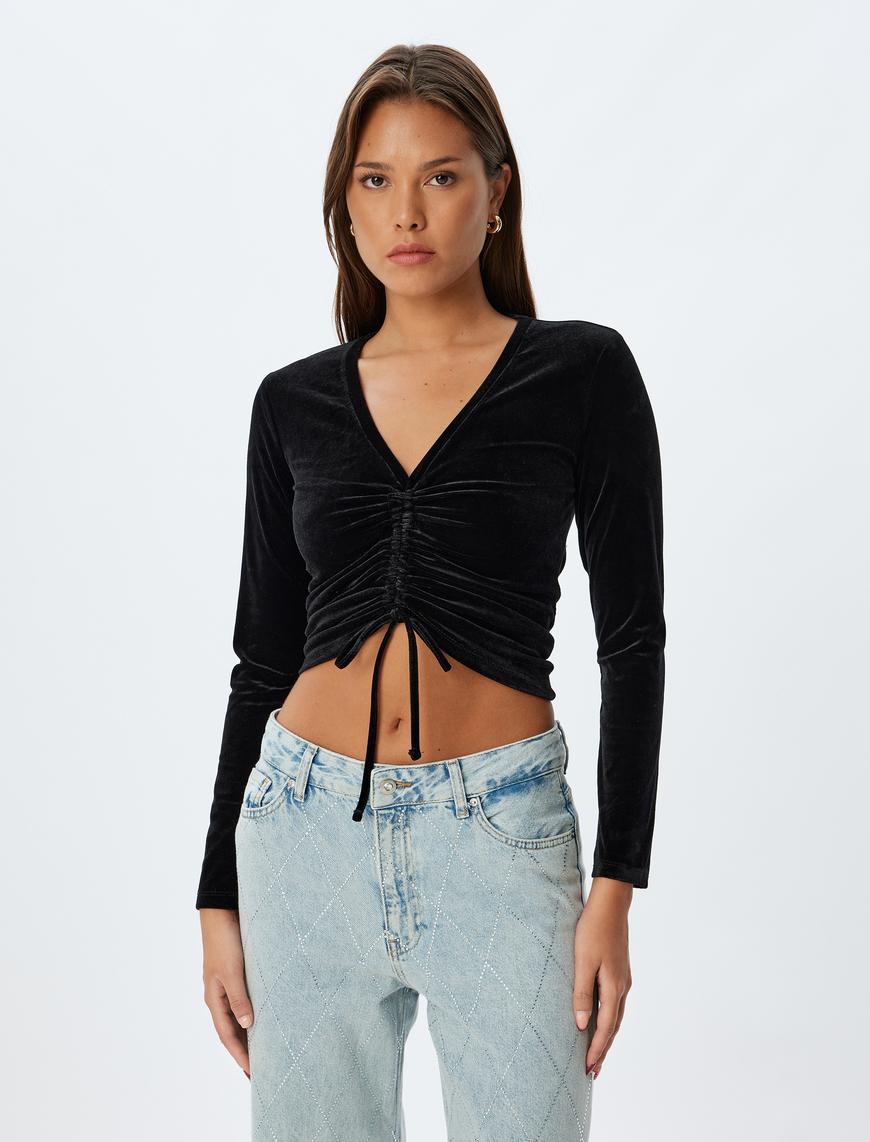   Kadife Crop Tişört Büzgülü V Yaka Uzun Kollu Slim Fit