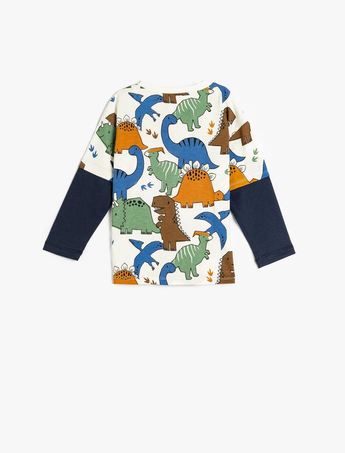 Erkek Bebek Uzun Kollu Tişört Dinozor Baskılı Bisiklet Yaka