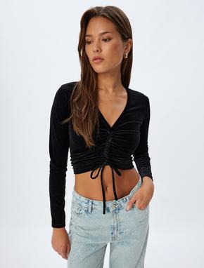 Kadife Crop Tişört Büzgülü V Yaka Uzun Kollu Slim Fit