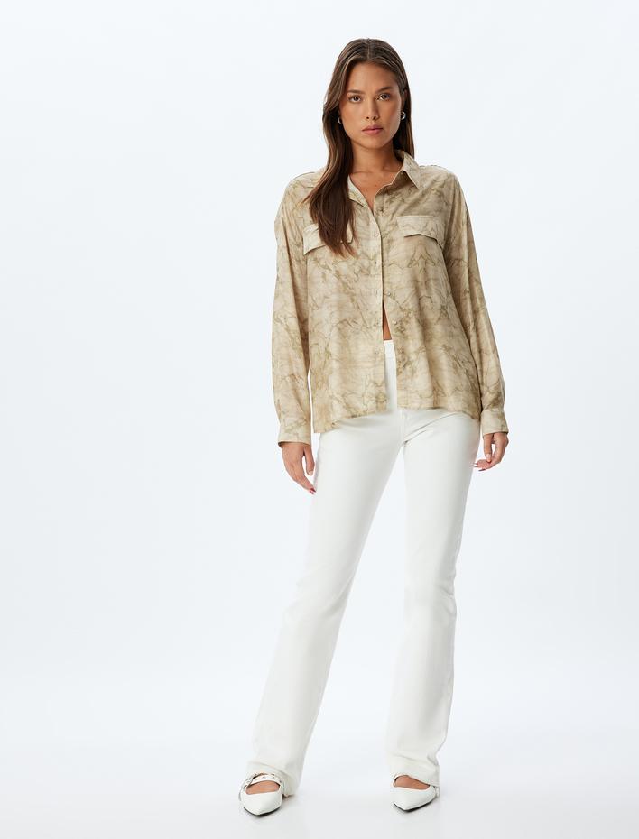  Viskon Gömlek Batik Desenli Uzun Kollu Kapaklı Cep Detaylı