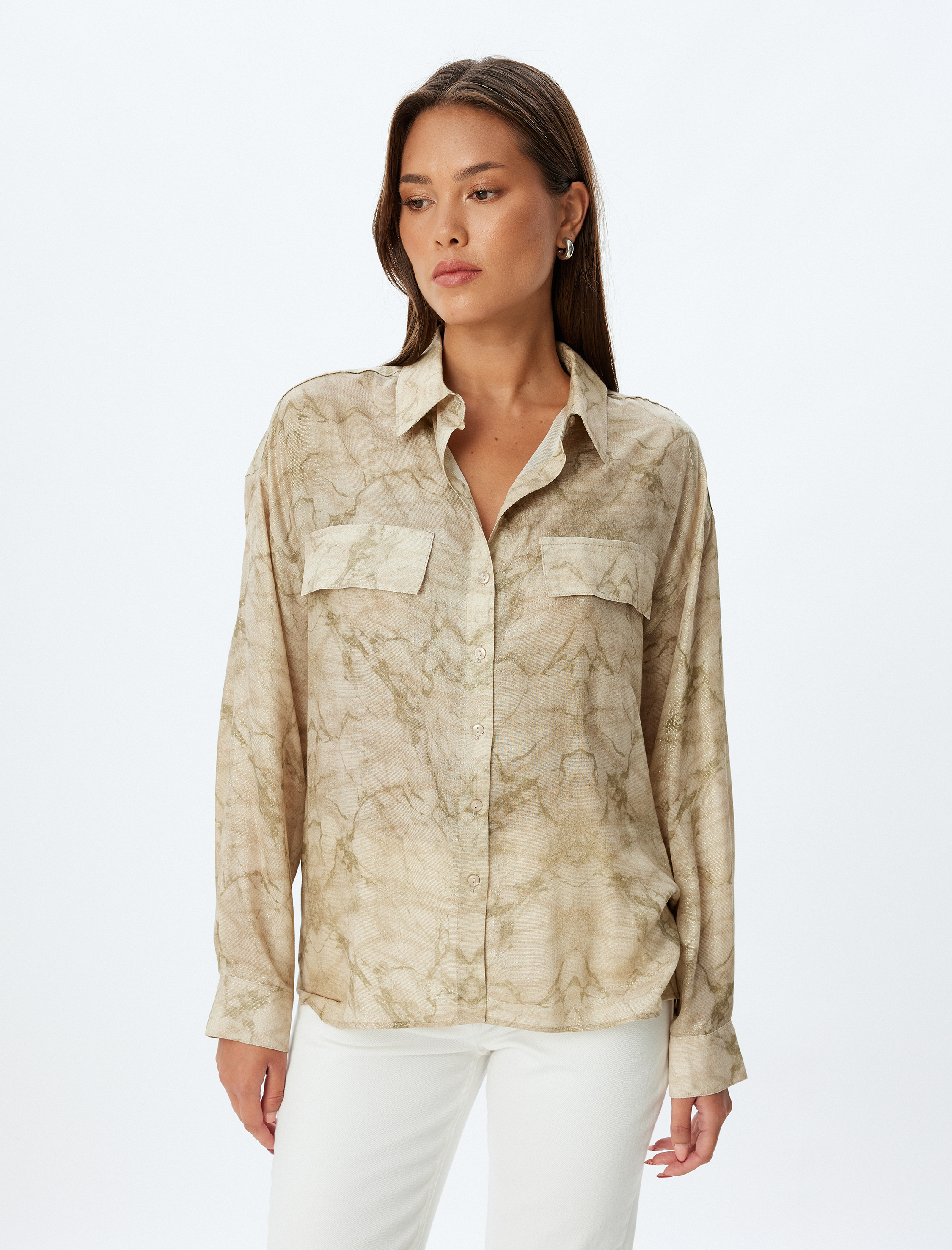   Viskon Gömlek Batik Desenli Uzun Kollu Kapaklı Cep Detaylı