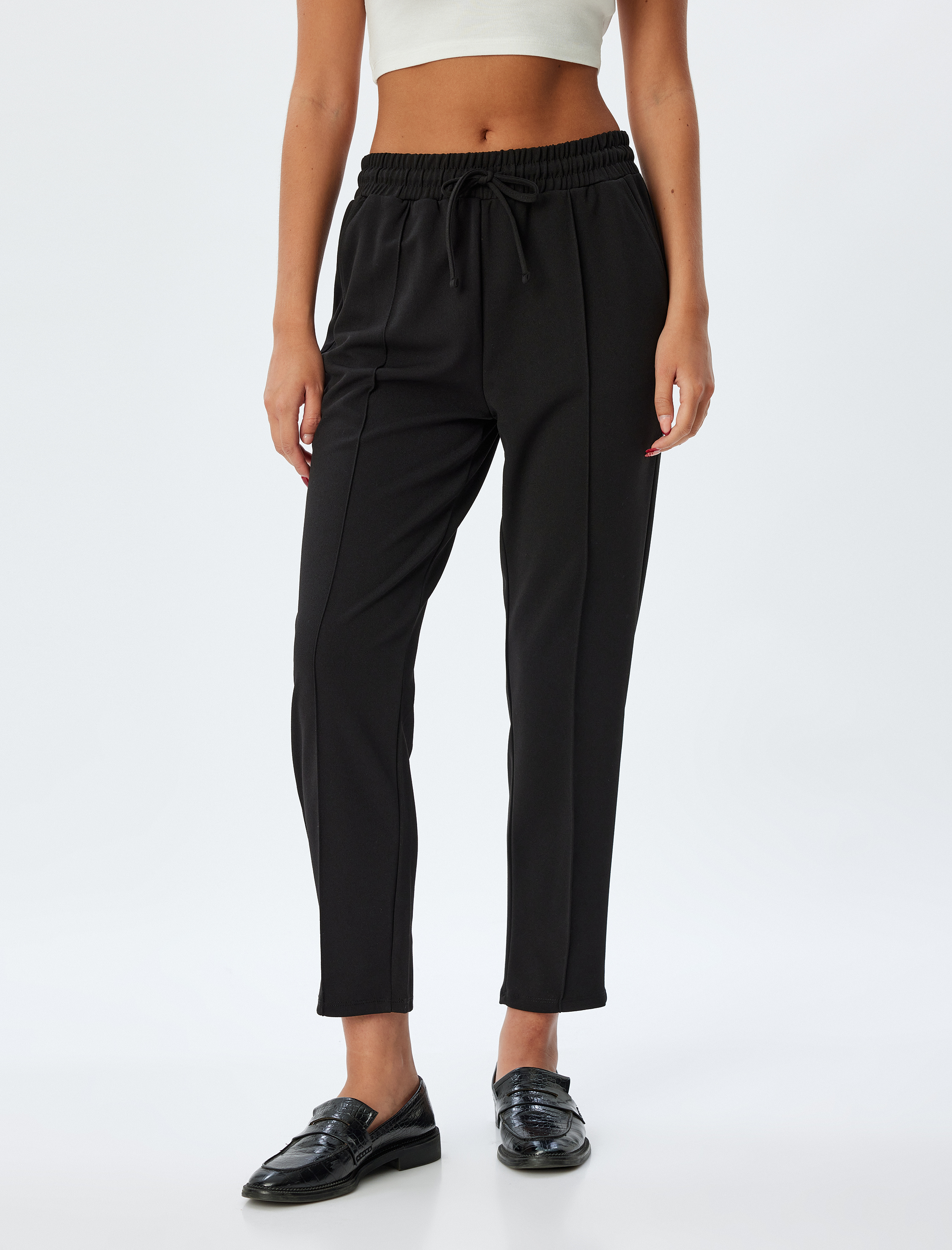   Havuç Pantolon Nervürlü Beli Lastikli Bağlamalı Krep Scuba Kumaş