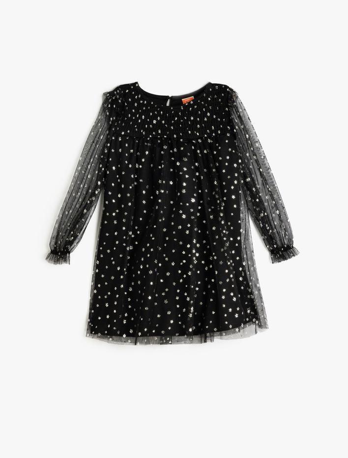 Kız Bebek Elbise Parlak Çiçek Baskılı Uzun Kollu Yuvarlak Yaka