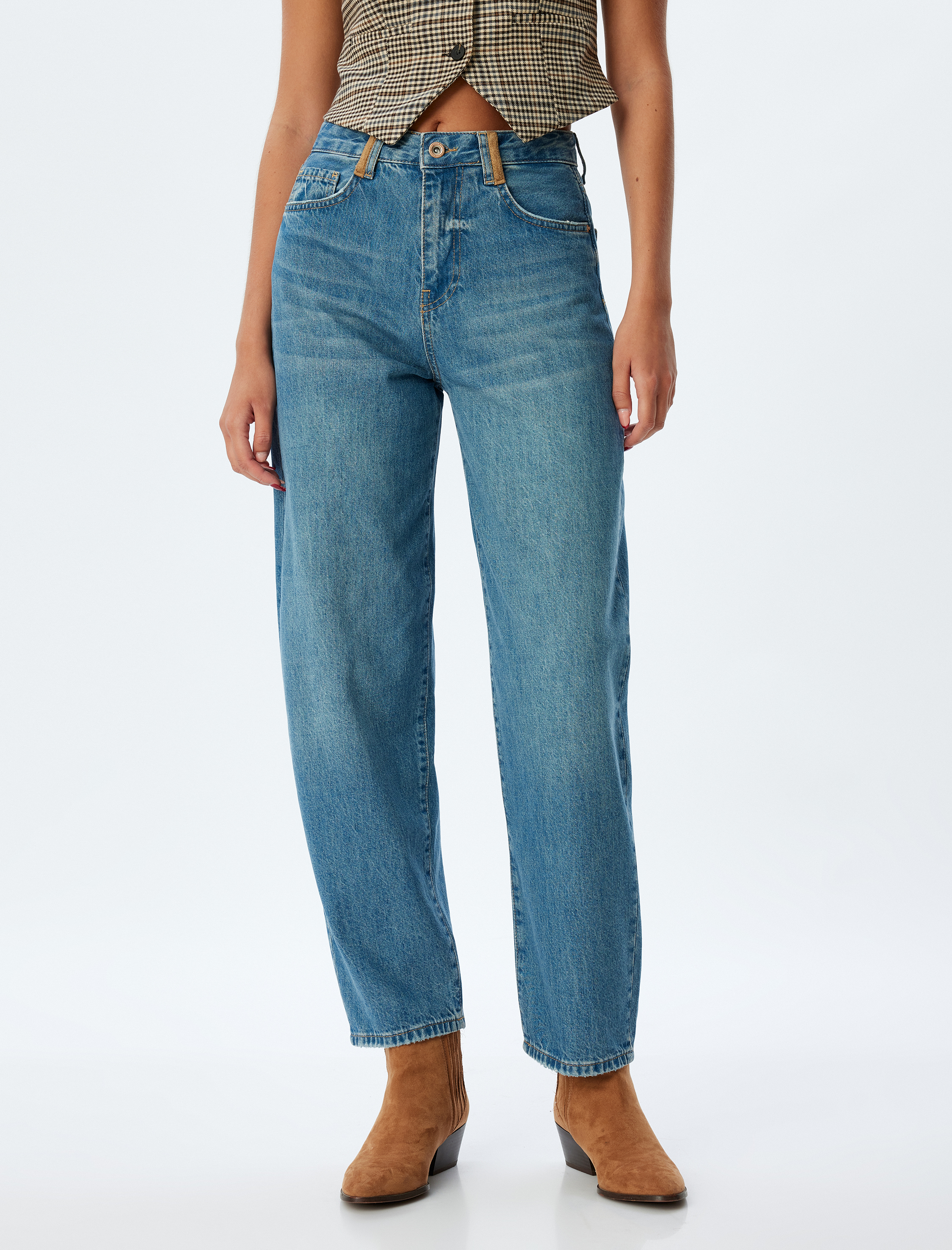   Rahat Kalıp Cepli Düğmeli Pamuklu Balon Kot Pantolon - Balloon Fit Jean