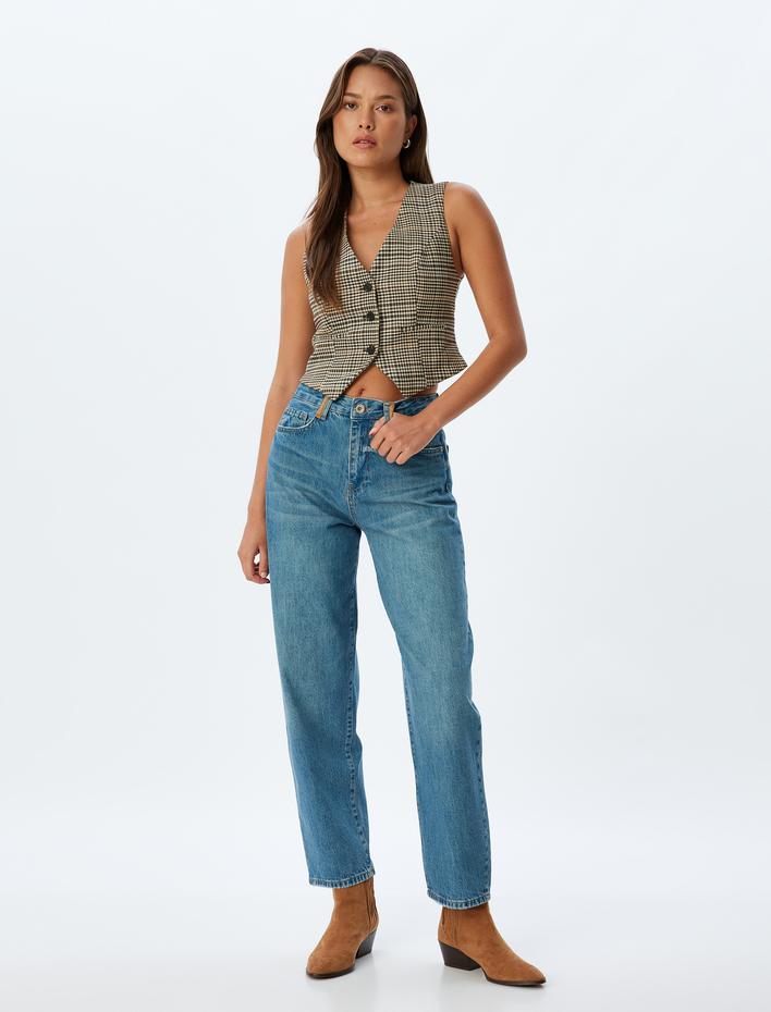  Rahat Kalıp Cepli Düğmeli Pamuklu Balon Kot Pantolon - Balloon Fit Jean