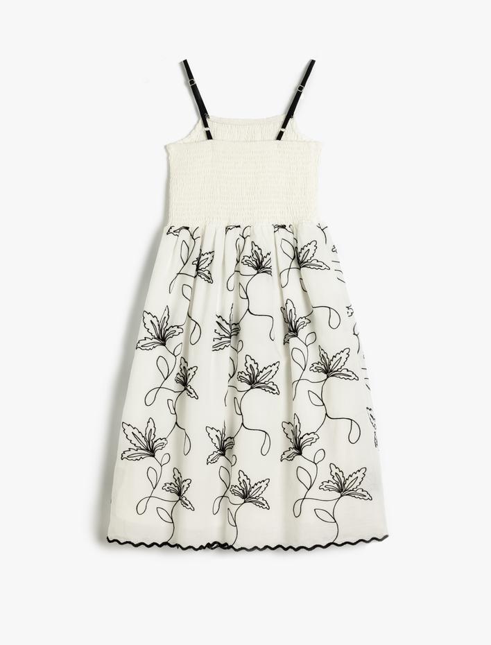 Kız Çocuk Askılı Midi Elbise Fırfırlı Çiçek İşlemeli Pamuklu