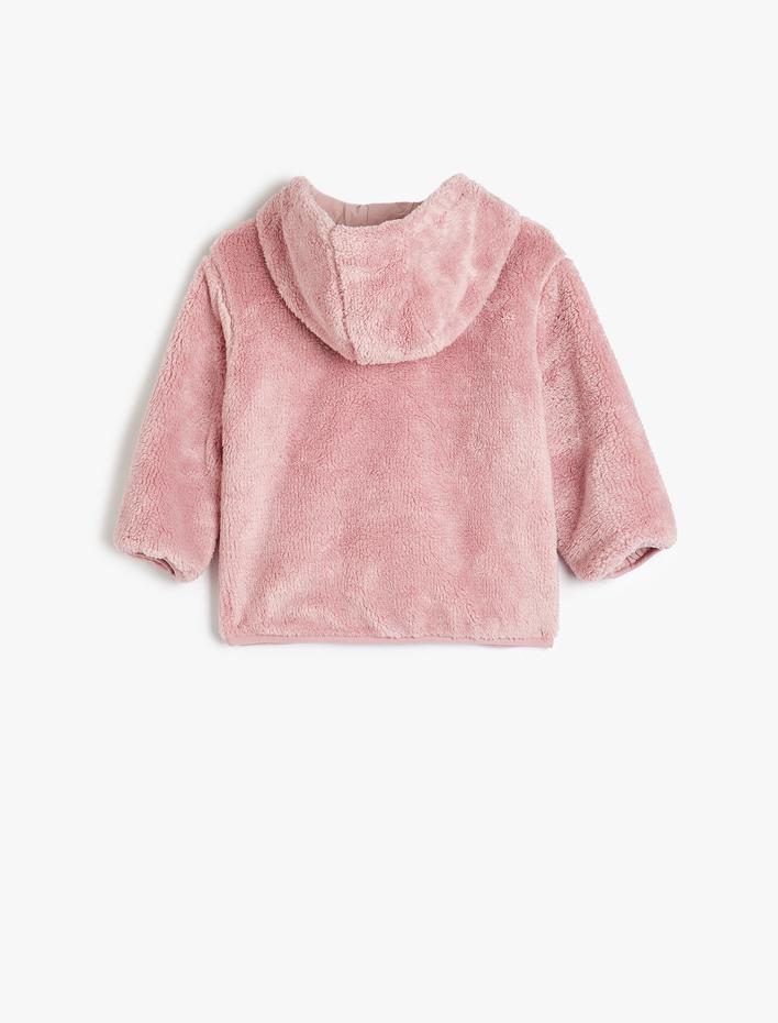 Kız Bebek Kapşonlu Peluş Ceket Fermuarlı Uzun Kollu