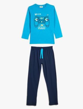 Pijama Takımı Oyun Temalı Baskı Detaylı Uzun Kollu Pamuklu