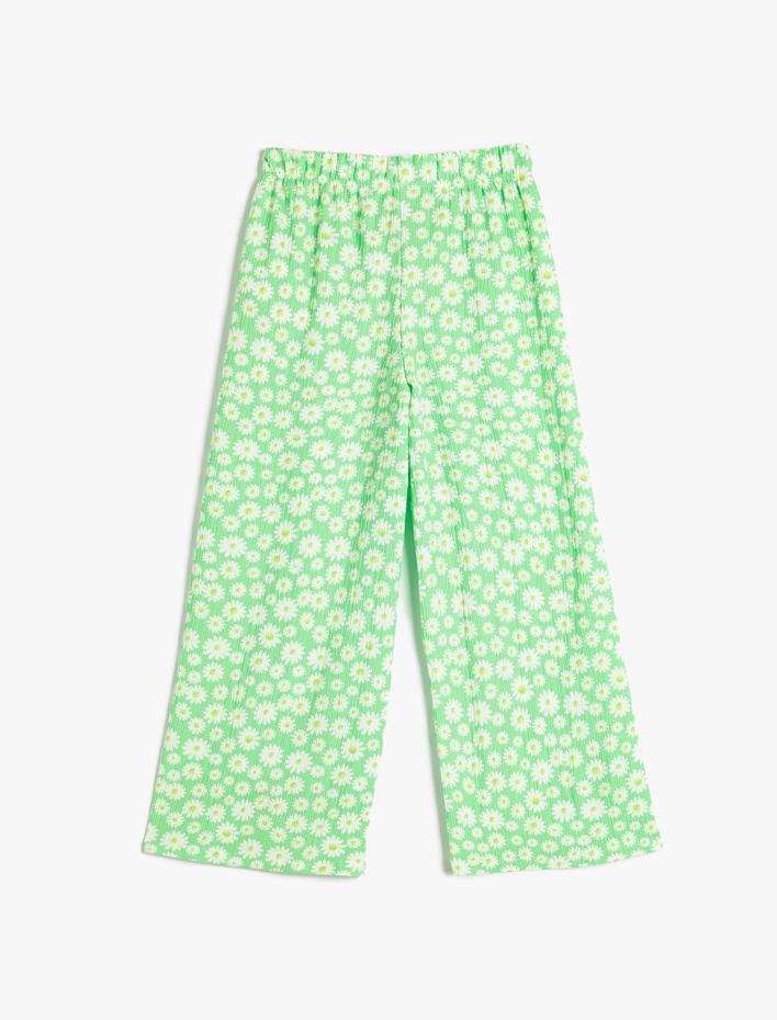 Kız Çocuk Bol Paça Pantolon Çiçekli Beli Lastikli Dokulu