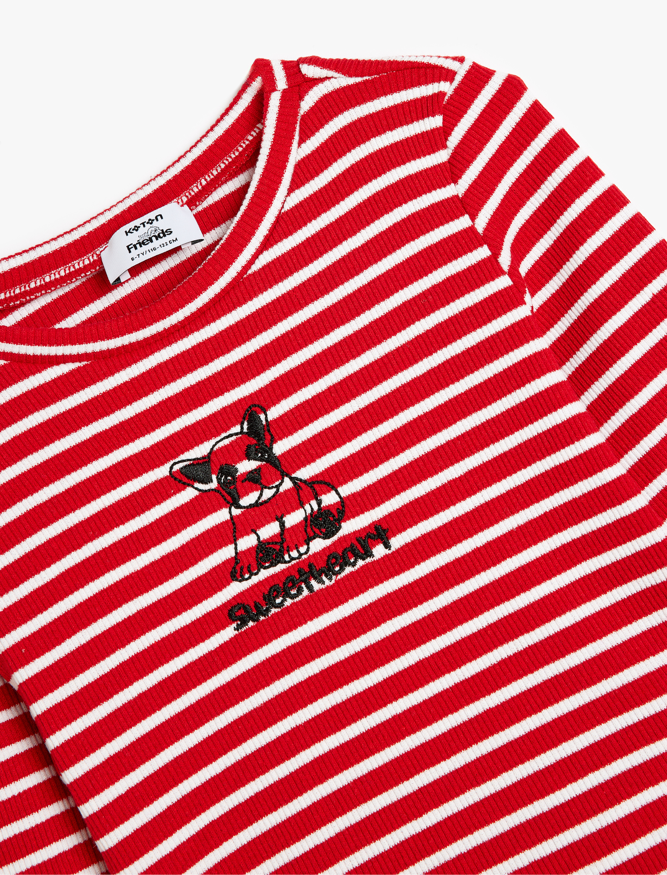  Kız Çocuk Tişört Köpek İşlemeli Uzun Kollu Bisiklet Yaka Ribanalı