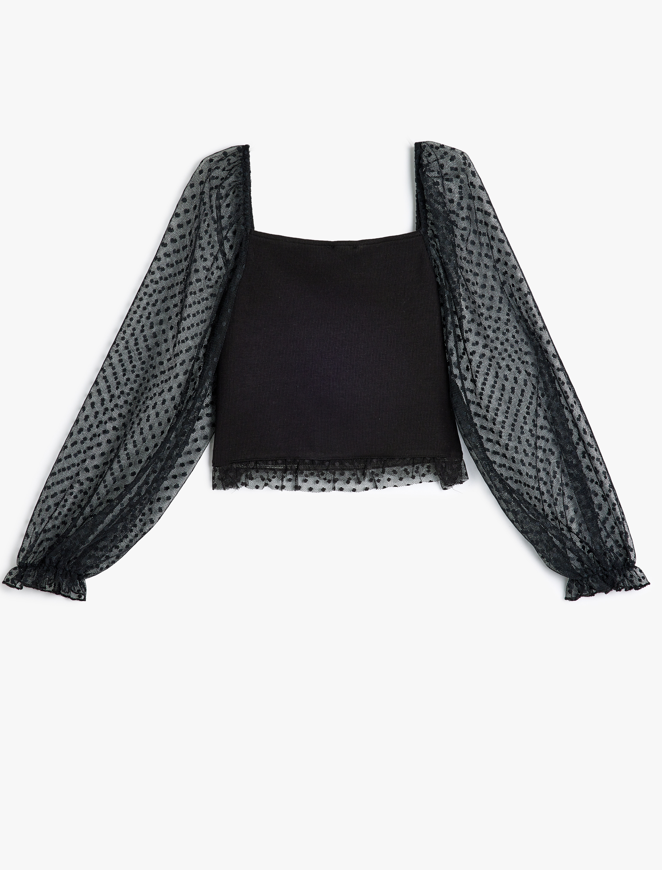  Kız Çocuk Kare Yaka Balon Kollu Tül Detaylı Bluz