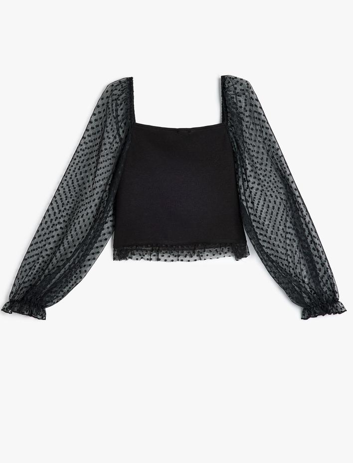 Kız Çocuk Kare Yaka Balon Kollu Tül Detaylı Bluz