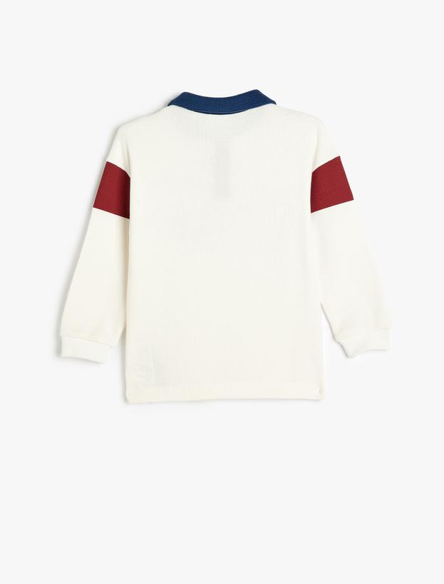 Polo Yaka Sweatshirt Kolej Baskılı Uzun Kollu Düğme Detaylı_1