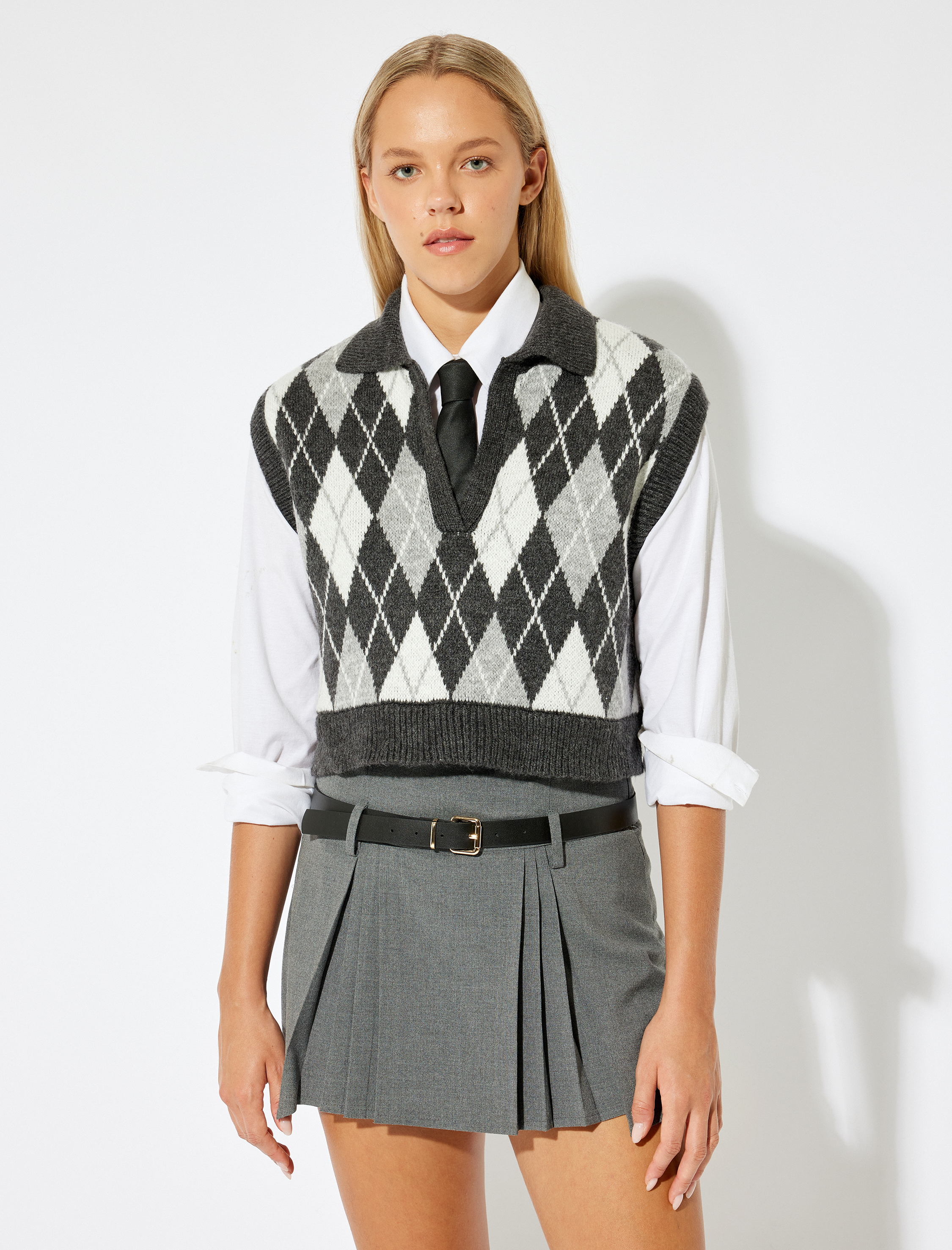   Kolsuz Süveter Polo Yaka Geometrik Desenli