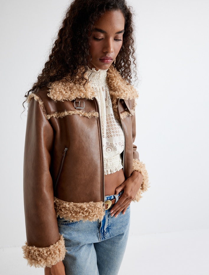  Suni Deri Crop Oversize Biker Ceket Yakası Peluş Detaylı
