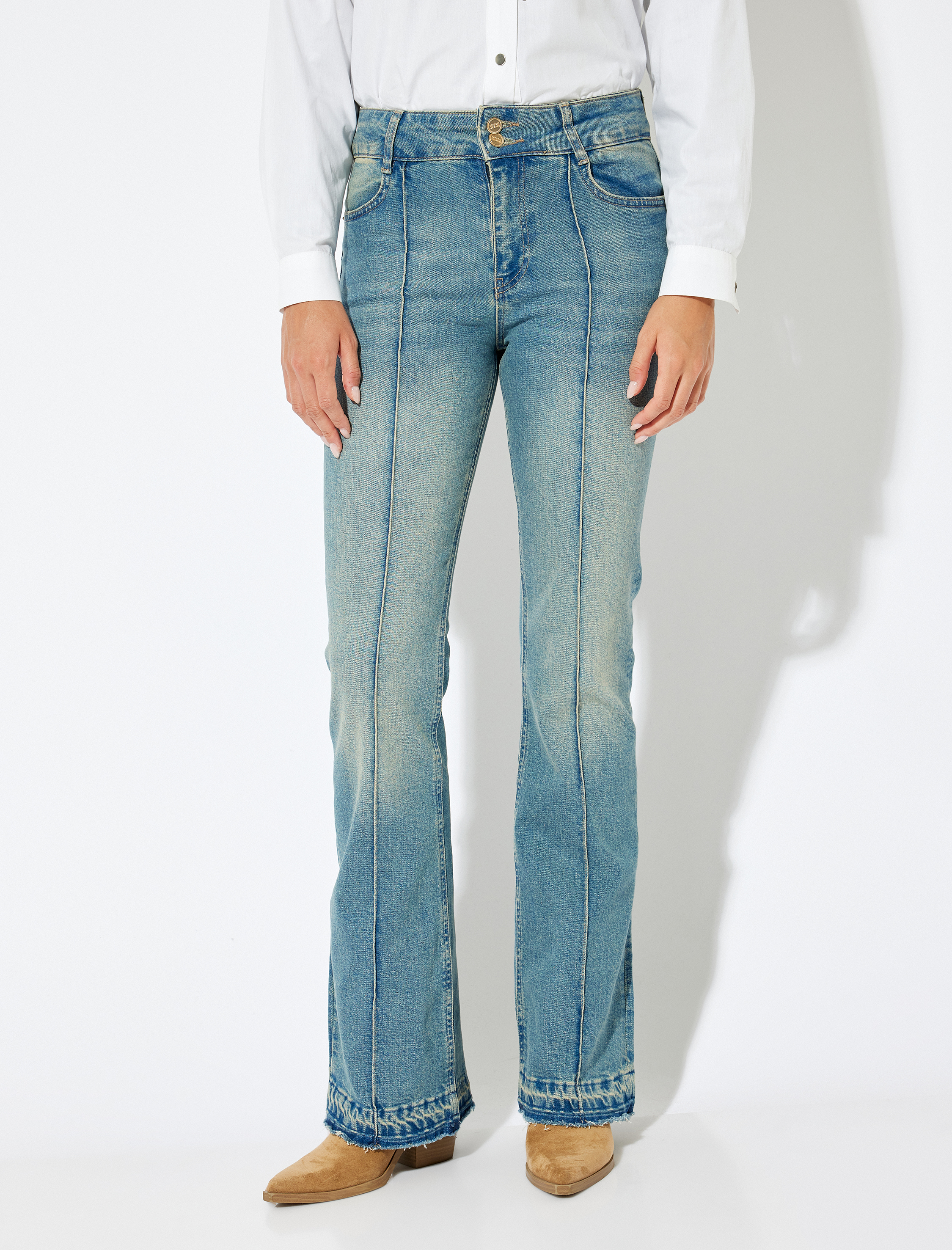   Normal Bel Düğmeli Cepli İspanyol Paça Denim Pantolon - Flare Jean