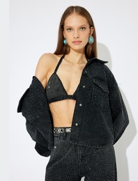 Oversize Taşlı Kot Ceket Cep Detaylı Düğmeli Klasik Yaka